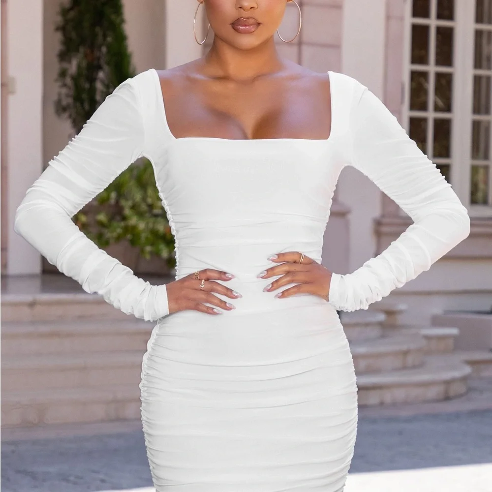 Elegant White Ruched Dress BabyBoo - Picture 2 of 4